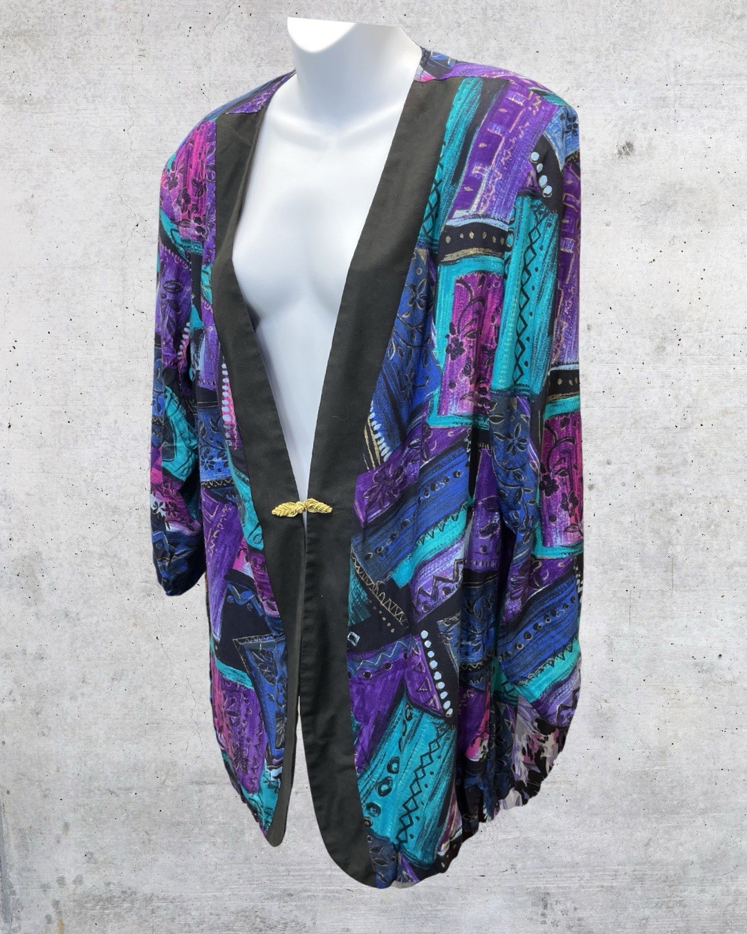 Vintage 90s Maggie Sweet Abstract Jacket Open Front Black Trim Artsy Topper