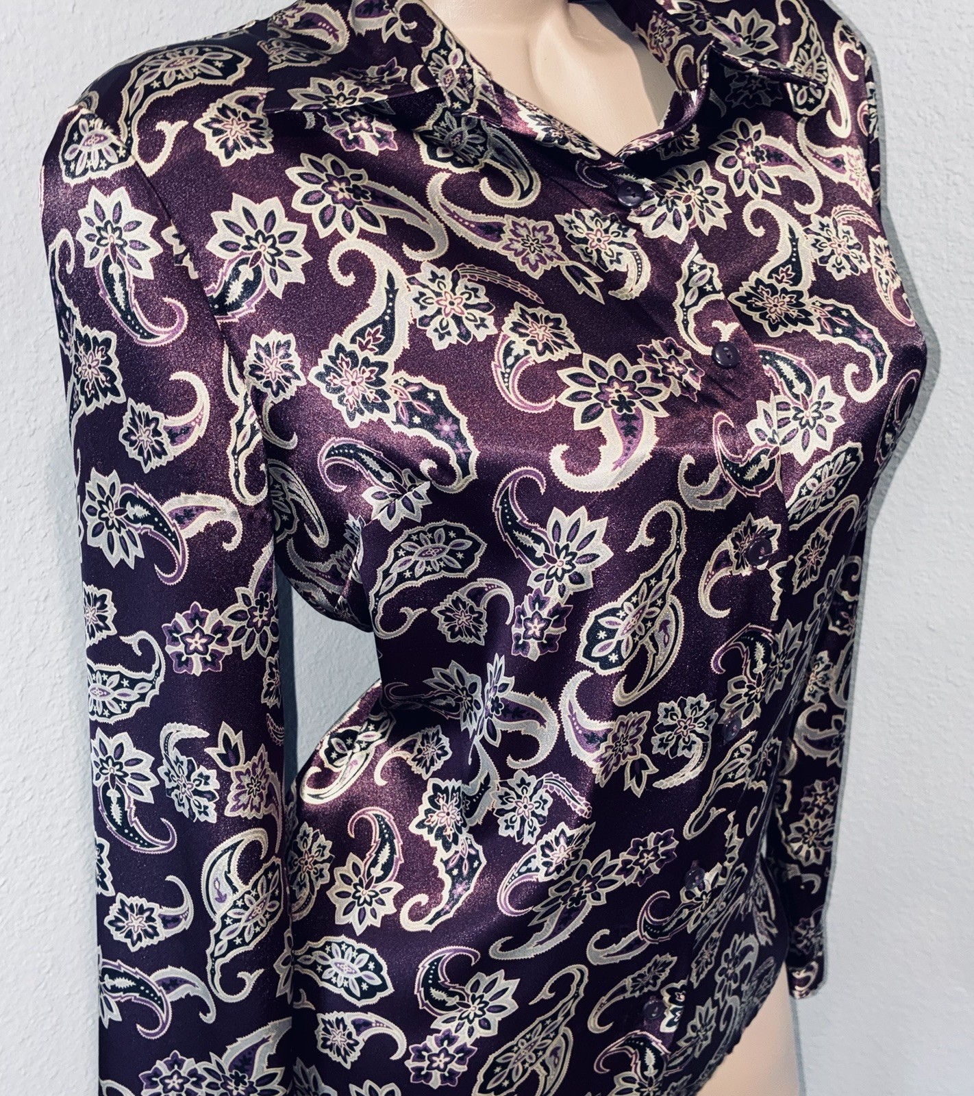Vtg Purple Plum Paisley Long Sleeve Satin Blouse Top 14