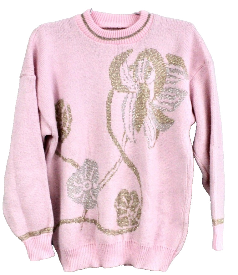 VTG 80s Pink Metallic Floral Sweater Fairy Kei Kawaii Intarsia Acrylic L