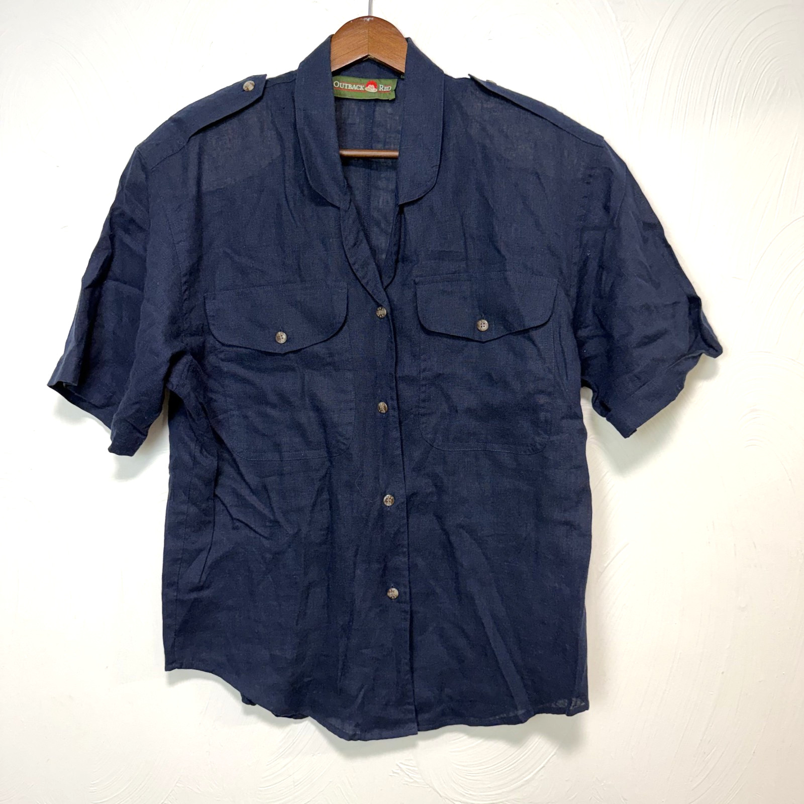 Vintage Outback Red Women’s Blue Linen Blend Short Casual Button Down Shirt Sz 8