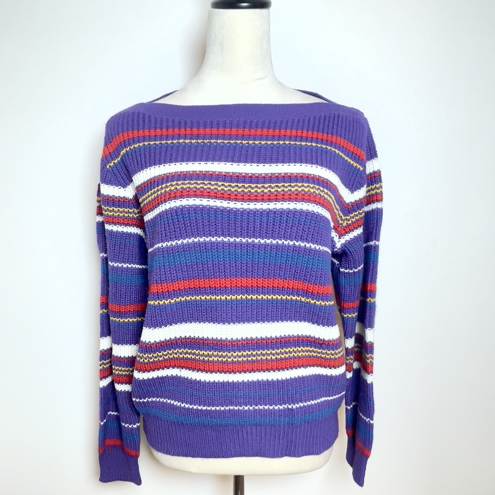 Vtg Pandora Sweater Women’s Purple Multicolor Striped Knit Made In USA 80’s