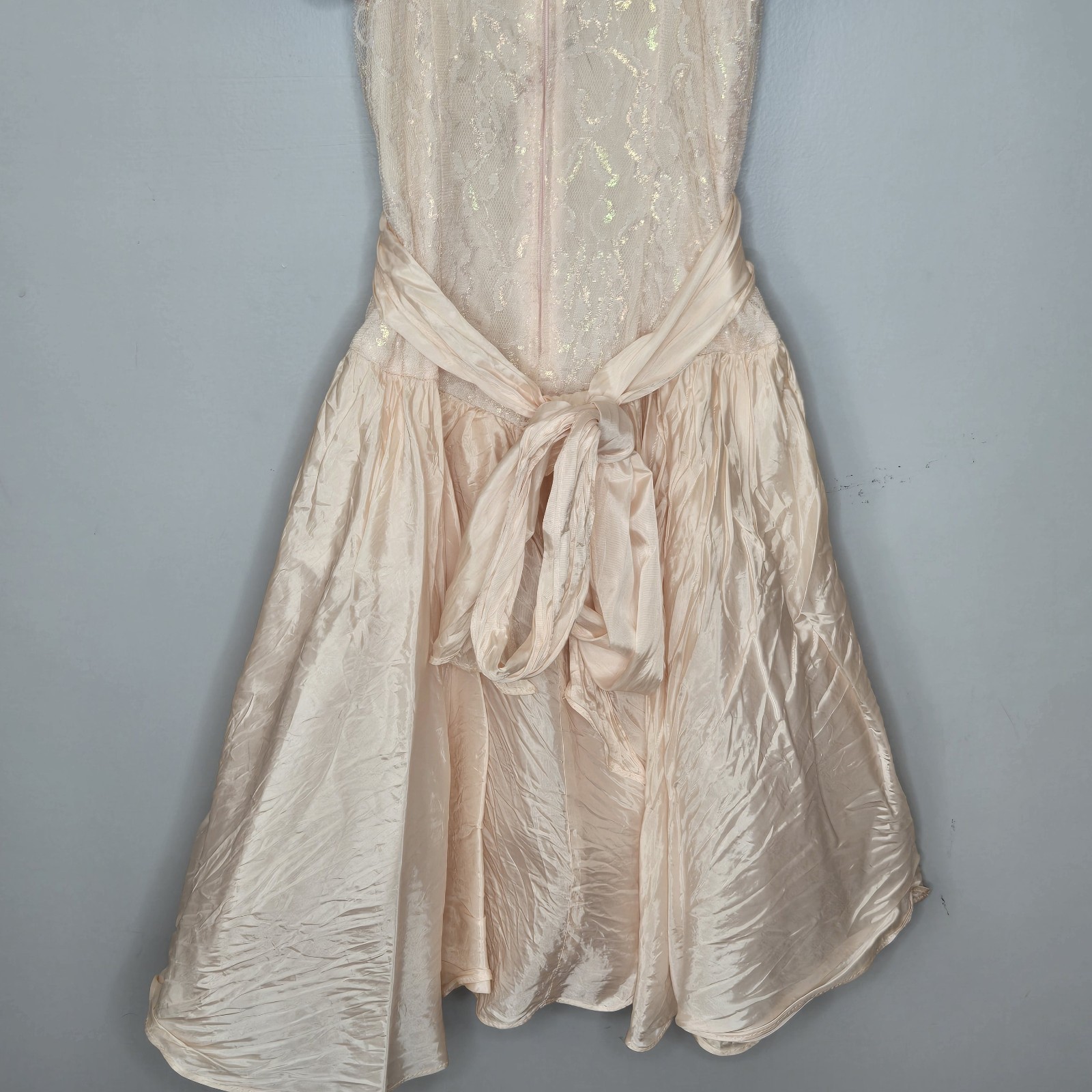 Vtg 80s Mayvens of California Iridescent Peach Pink Lace Puff Sleeve Prom Dress
