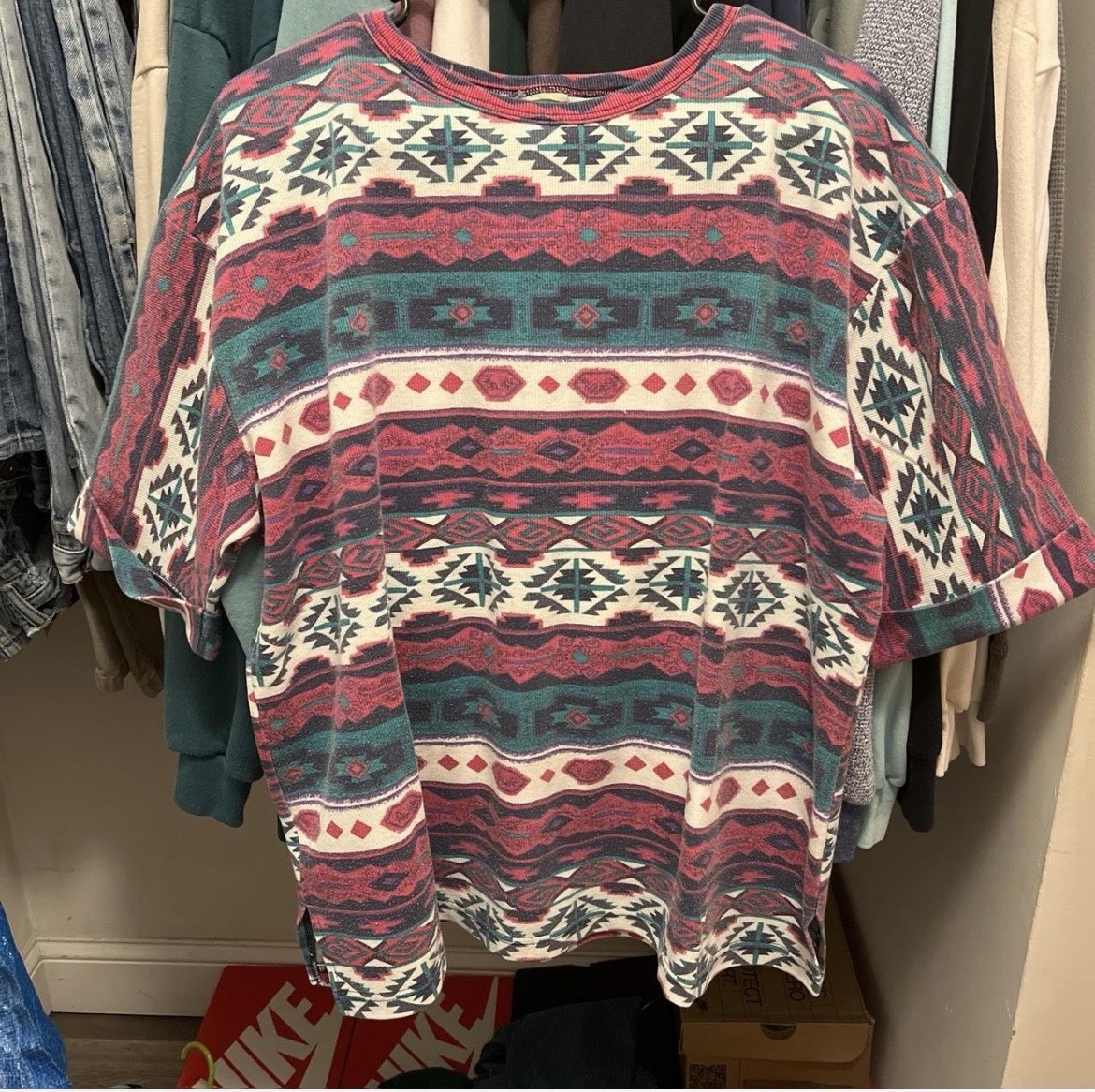 Vintage 90s Basic Edition Southwest Aztec Print Boxy T Shirt Women’s Made In USA