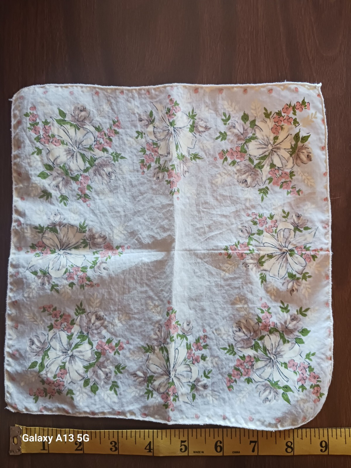 Vintage Womens Pink Flowers With White Ribbon Handkerchief