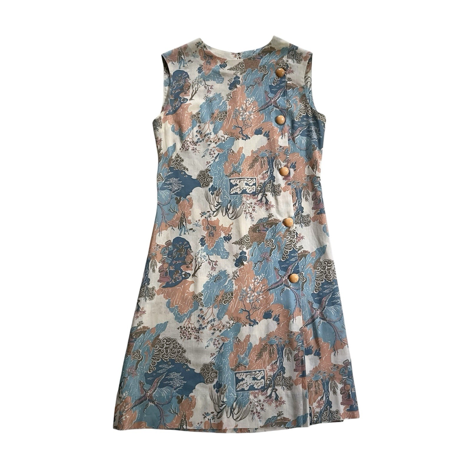 50s 60s Vintage Handmade Asian Inspired Print Shift Dress Small