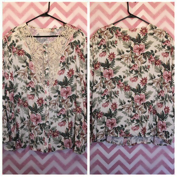 Venezia Long Sleeve Floral Lace Button-Up Blouse Size 26-28 Unique Vintage