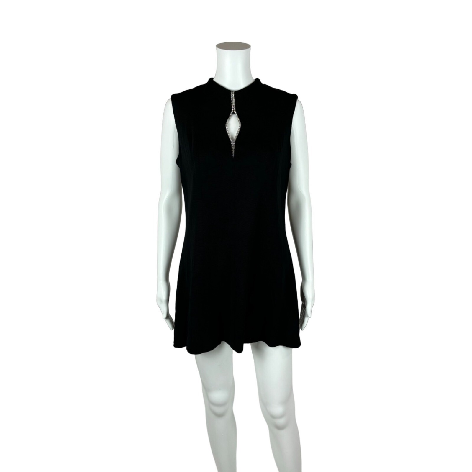 Vintage 60s Mod Mini Dress Black Rhinestone Keyhole Neckline Knit Tunic