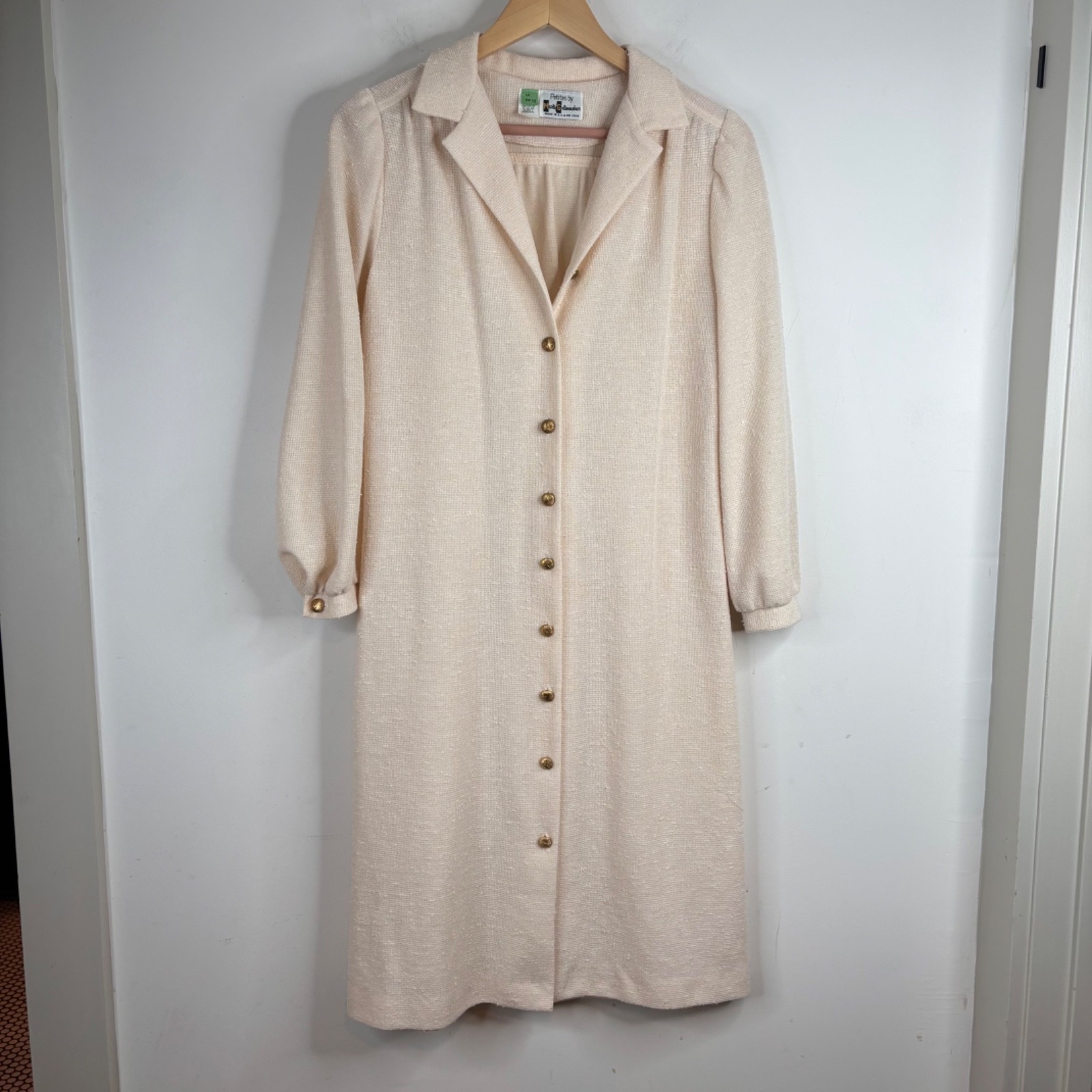 Vtg Marty Gutmacher Duster Cardigan 10P Ivory Brass Buttons Old Money Easter