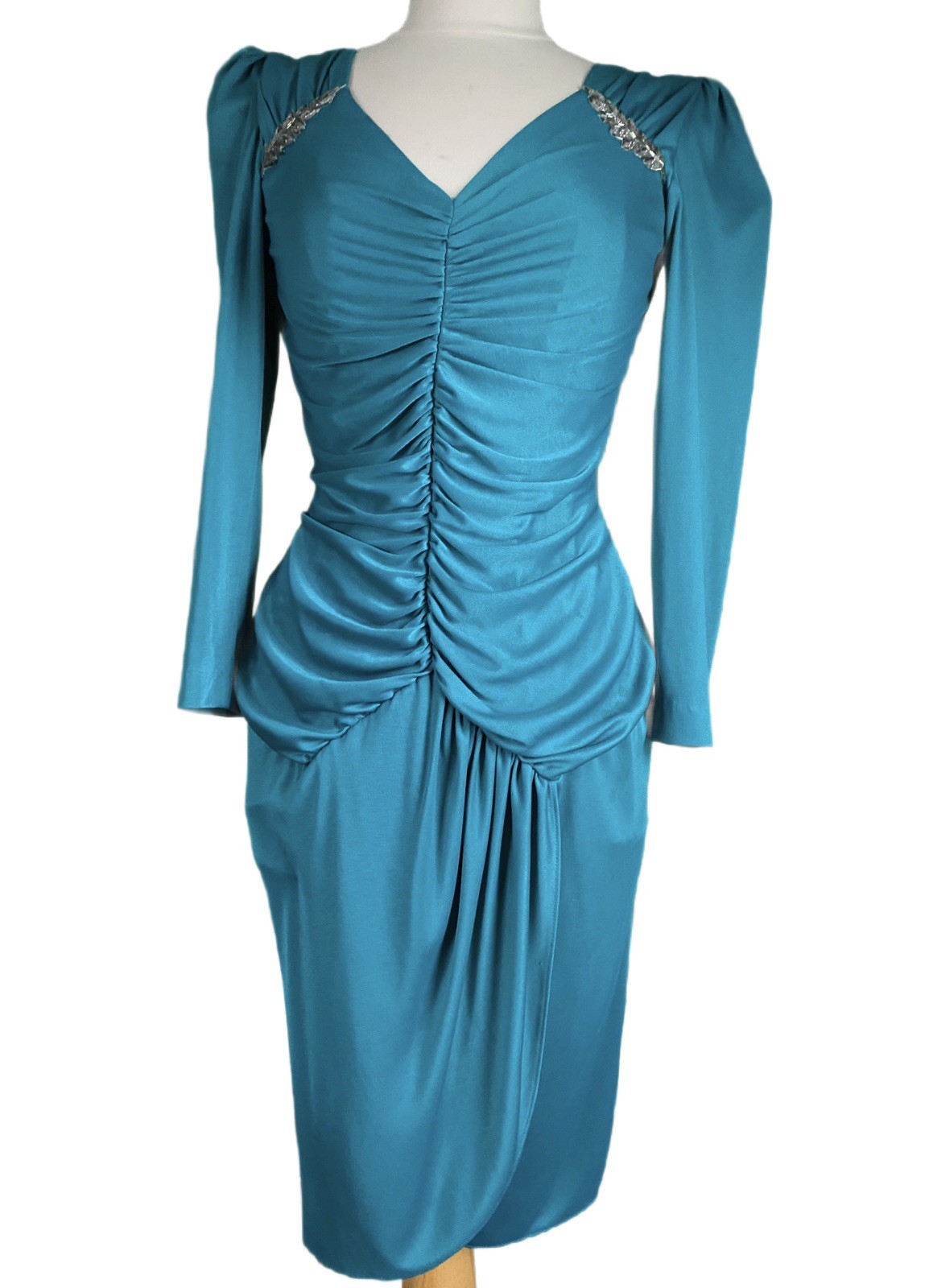 Vintage 80s Party A La Carte California USA Turquoise Mini Ruched Dress