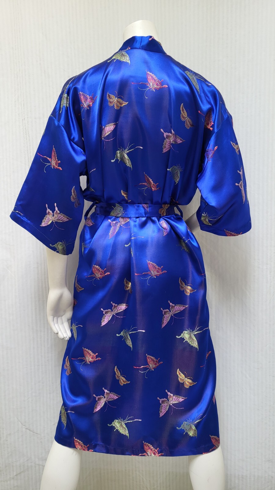 Vintage MEI GUI Blue Satin Butterfly Jacquard Japanese Silk Kimono Robe w/ Belt