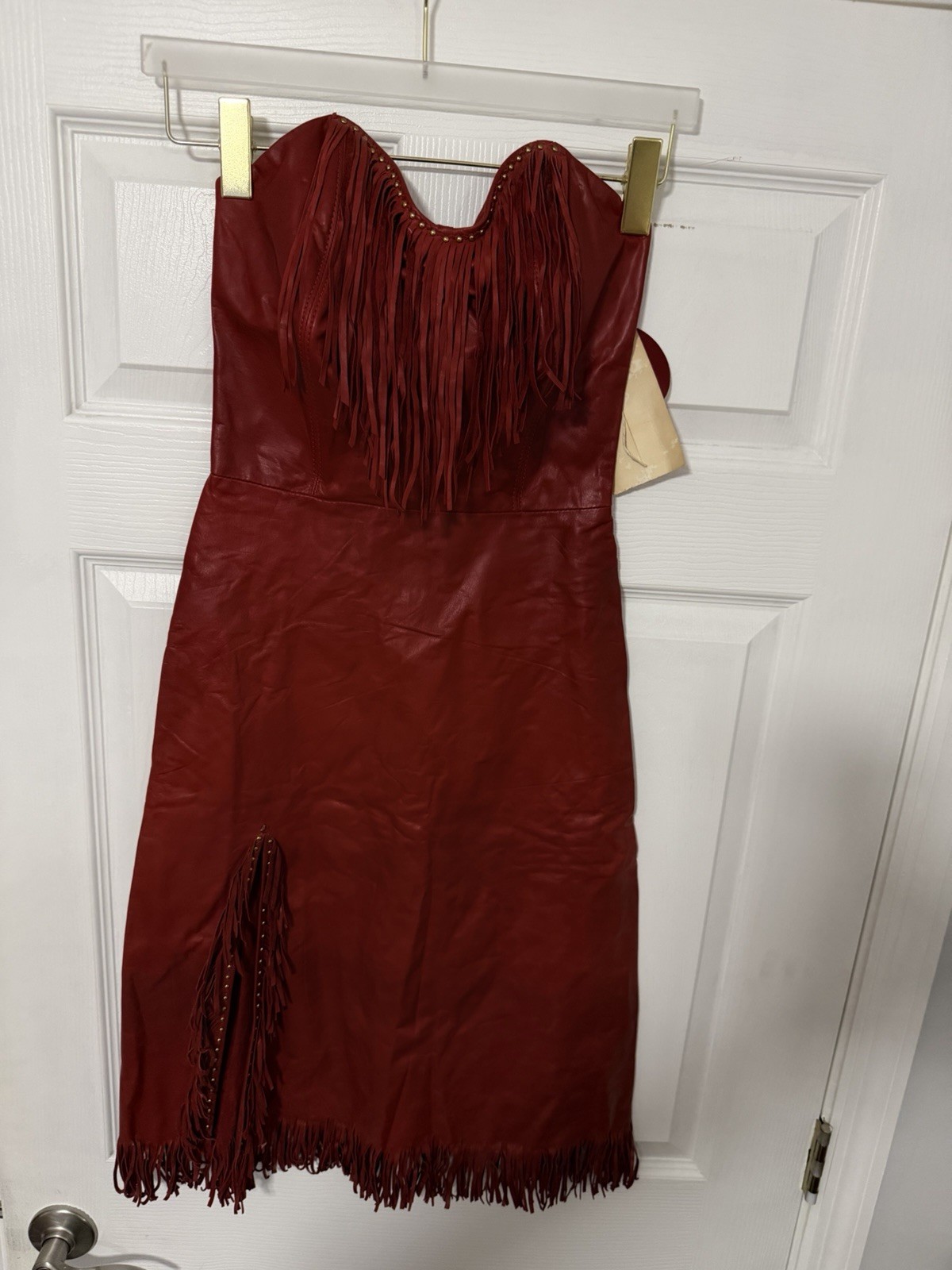 Vintage Red Genuine Leather Fringe Strapless Dress Western Cowgirl Boho
