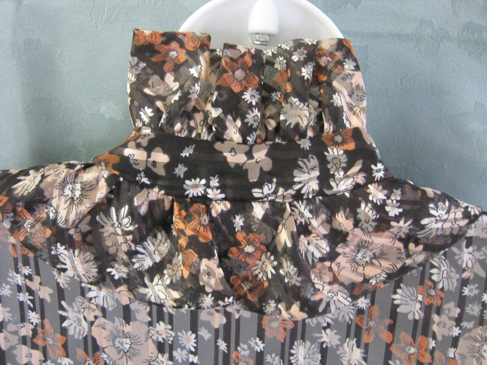VTG Malbe Blouse Size 15 / 16 Floral Print Sheer Stripe Ruffled Collar Top