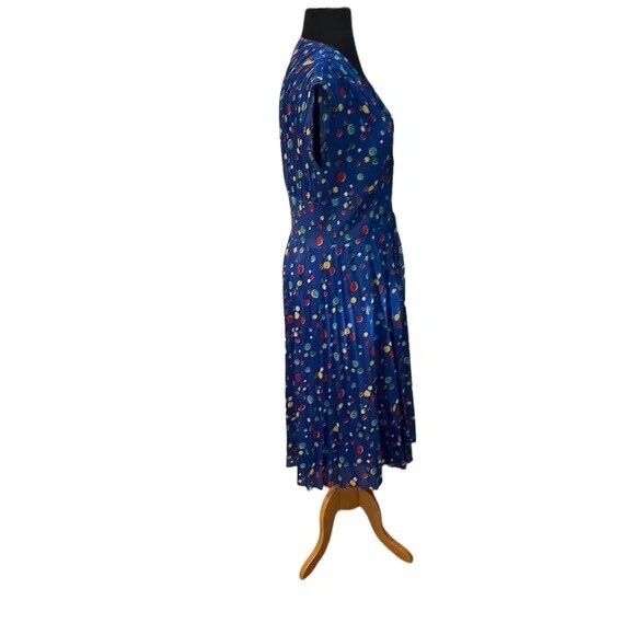 Vintage Jonathan Logan 1975s Paint Dot Print Crepe Blue MultiColor V Neck Dress