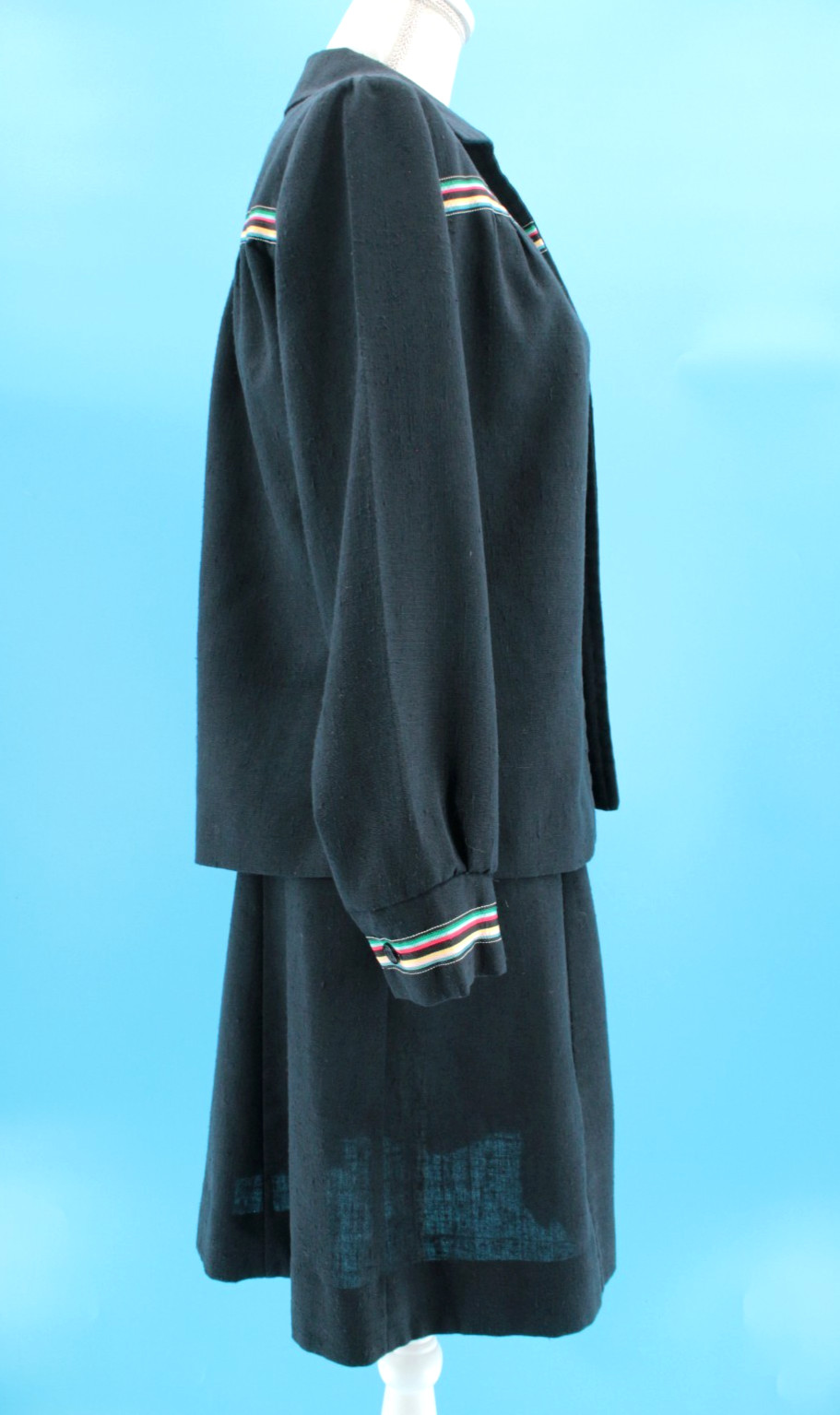 Vtg Women’s 70s 2 Pc Black W/ Rainbow Trim Dress & Top / Shirt Set XS/S 1970s