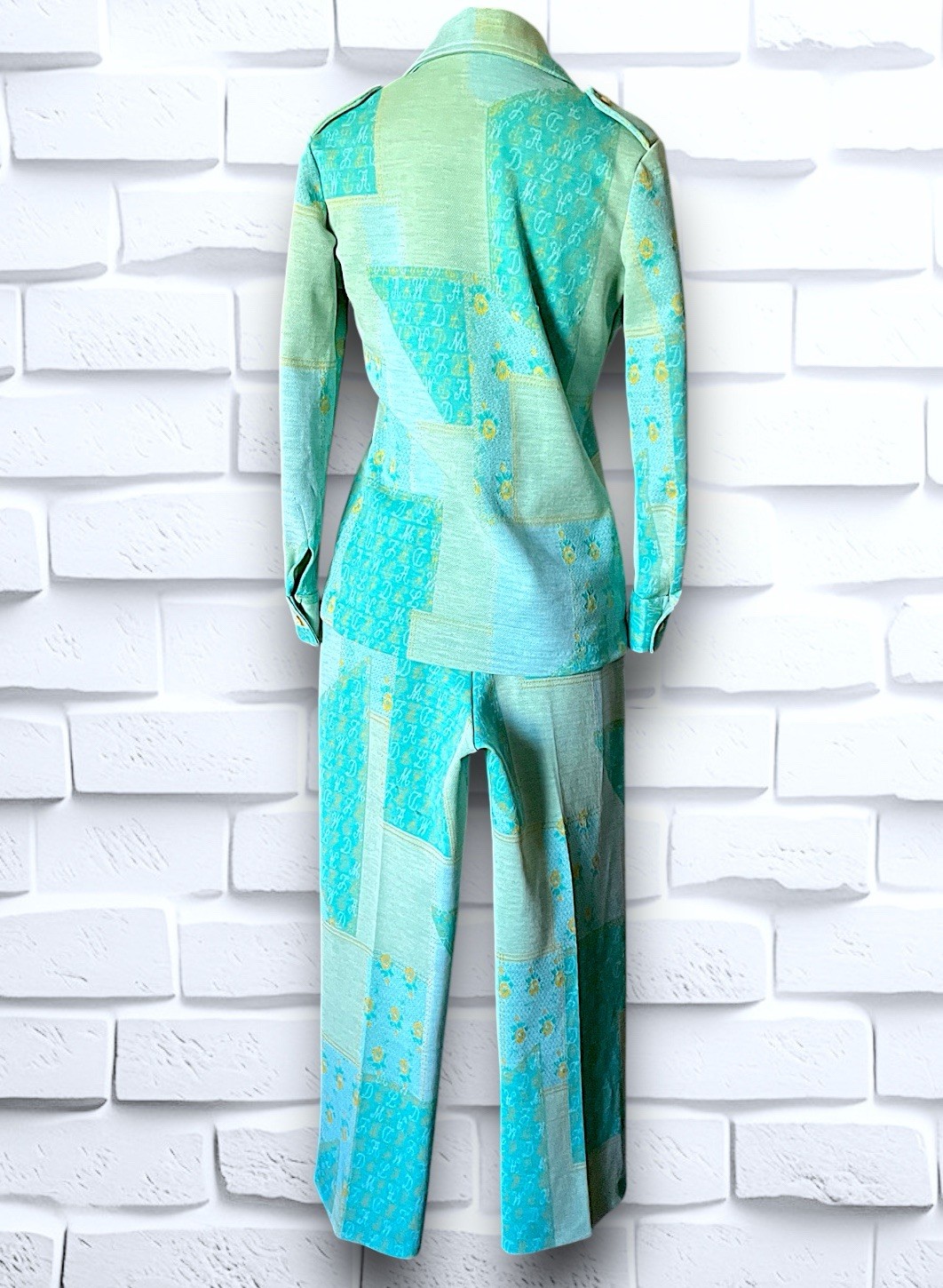 1960’s Teal, Sea Foam Green & Yellow Patchwork & Monogram Pattern Suit Spring