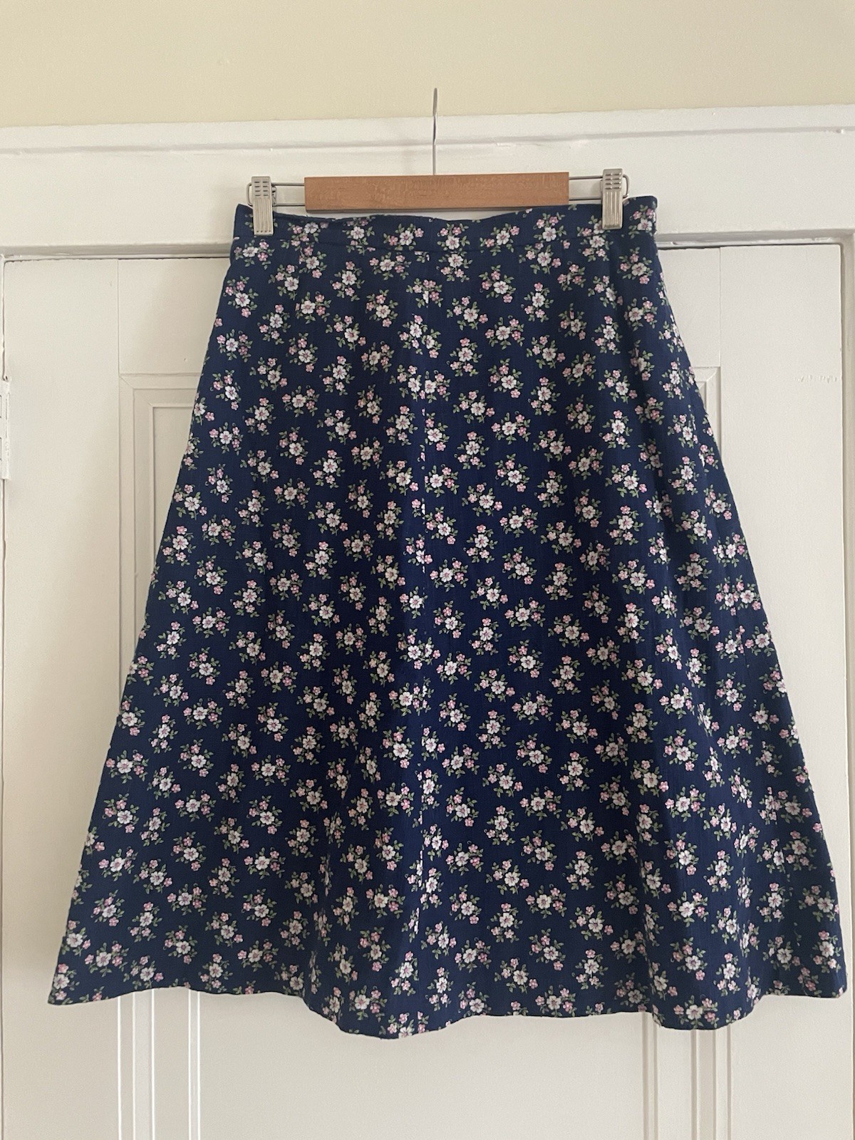 Vintage Cotton Woven Micro Floral Print Navy A Line Swing Knee Length Skirt S/M