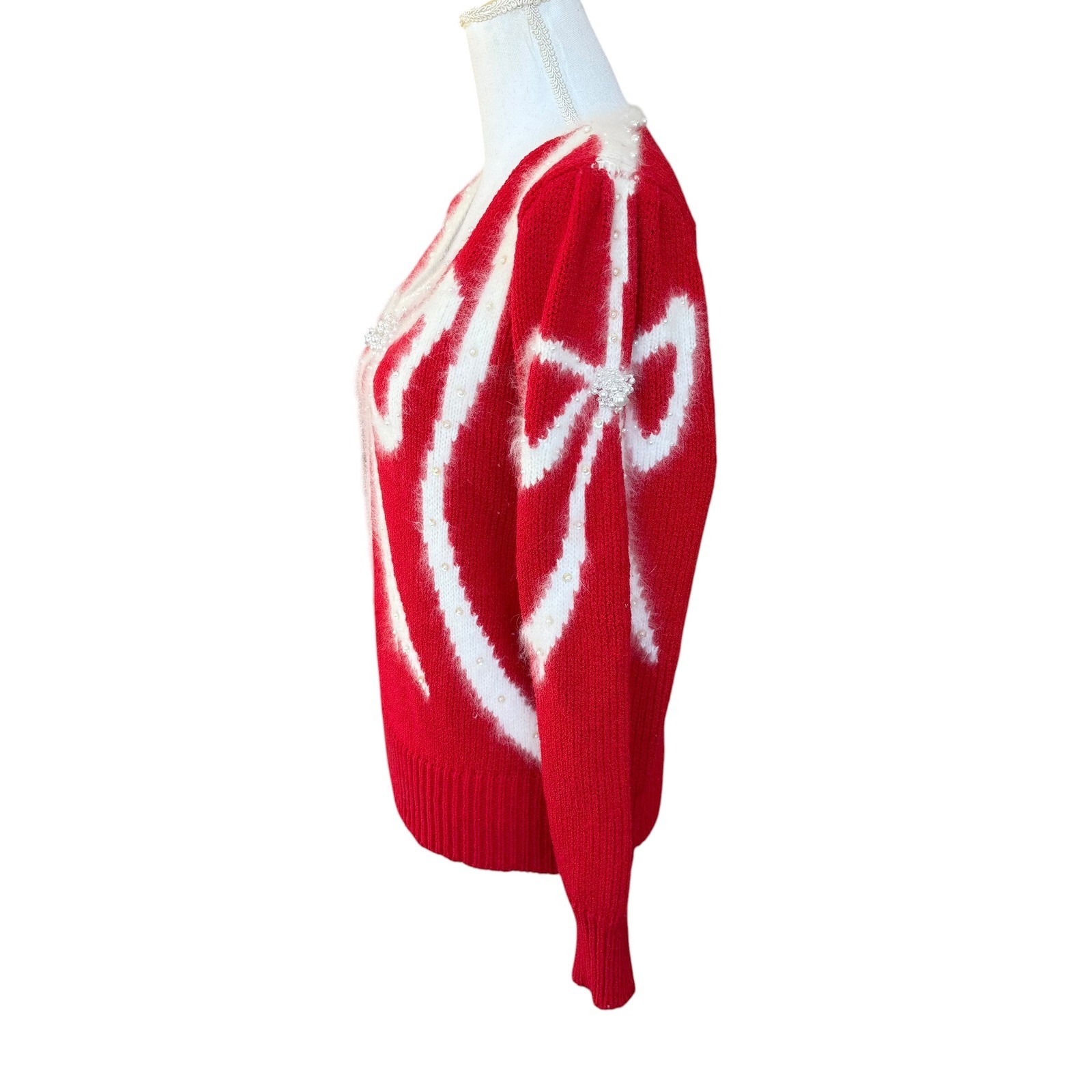 Vintage Christine Red Bow Sweater Angora Pearl Embellished Holiday Christmas M