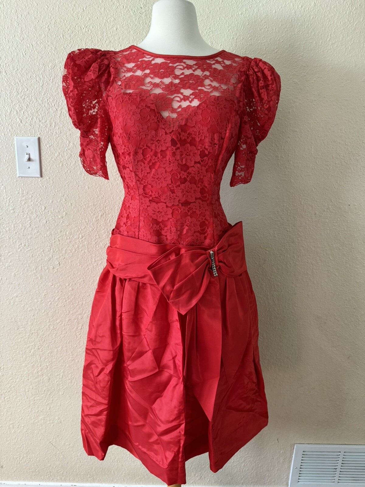 Vintage 80’s Red Lace Prom Dress Lydia Beetlejuice Size M Bow Rhinestone