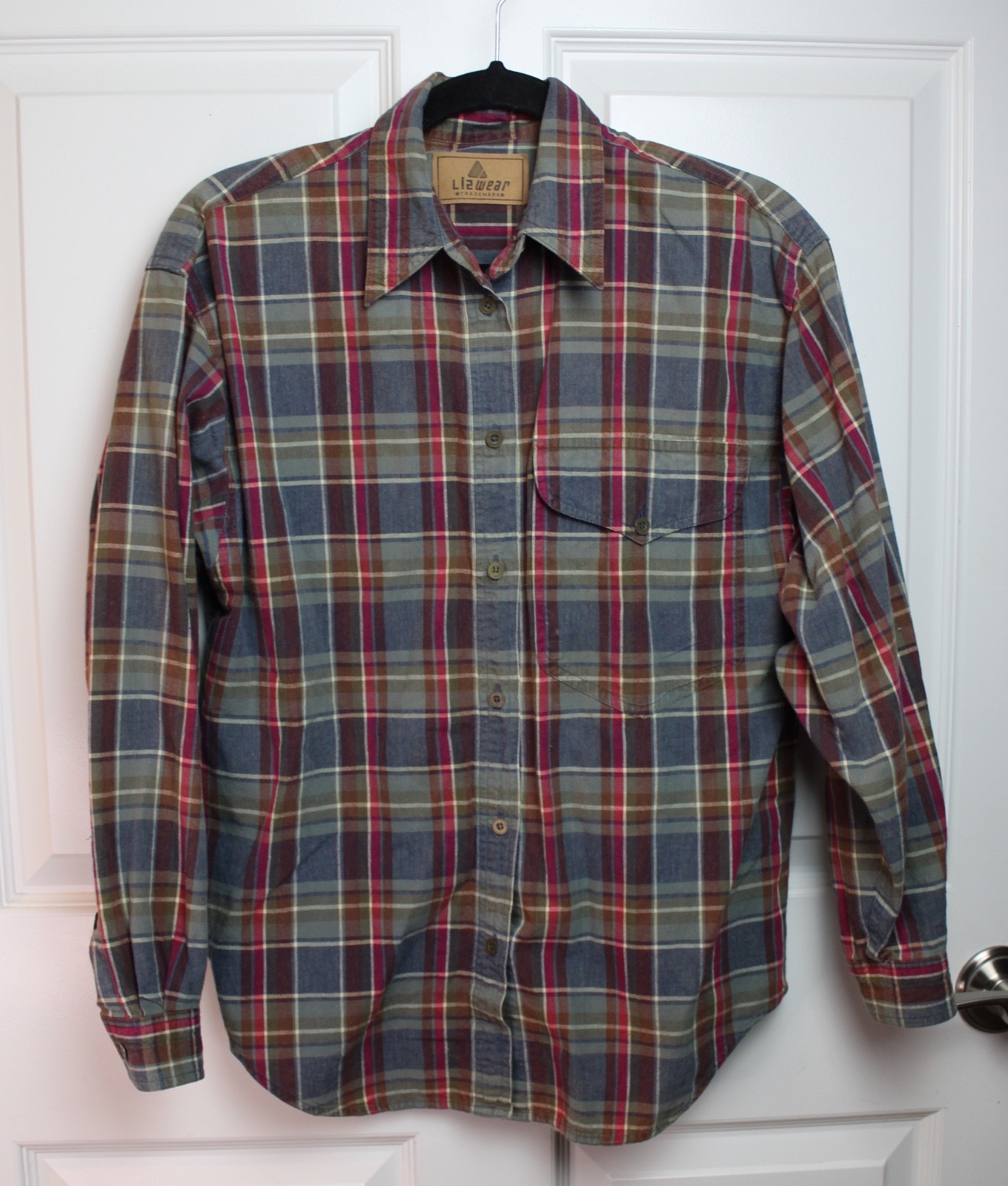 VTG 80s Lizwear Brushed Cotton Flannel Shirt Green Blue Red Plaid Brass Button S