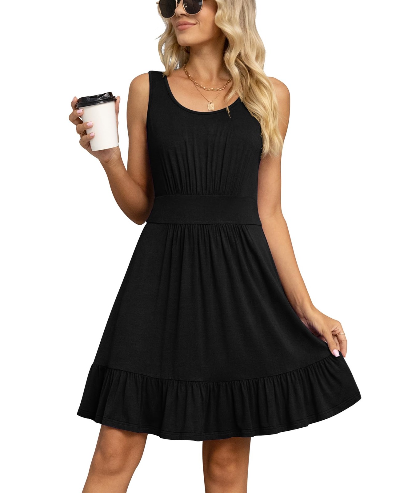 LILBETTER Women Summer Casual Short Cacual Dress U Neck Pleated Knee Length Tank