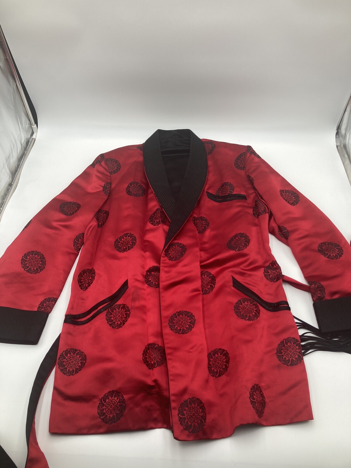 Vintage Asian Red Satin Smokers Robe MCM 20 Inch Chest 32 Length A