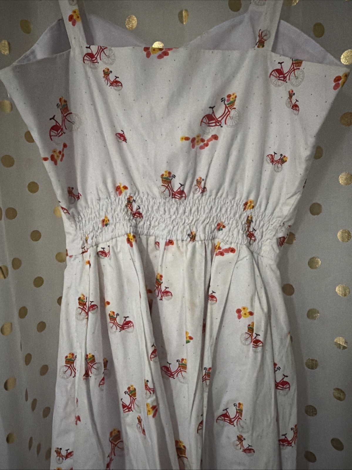 Vintage Unbranded Dress, White with Red Bicycle and Flower Pattern.