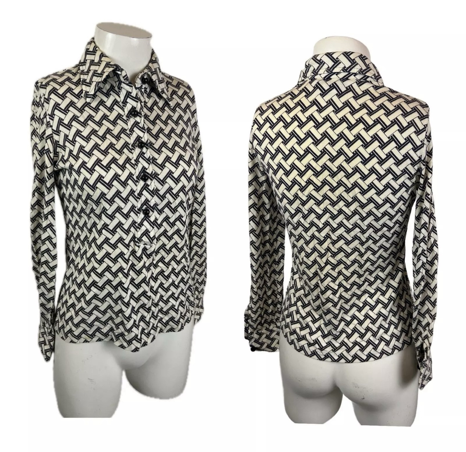 1960s Button Up Collared Pop Art Basketweave Shirt Top / XS *
