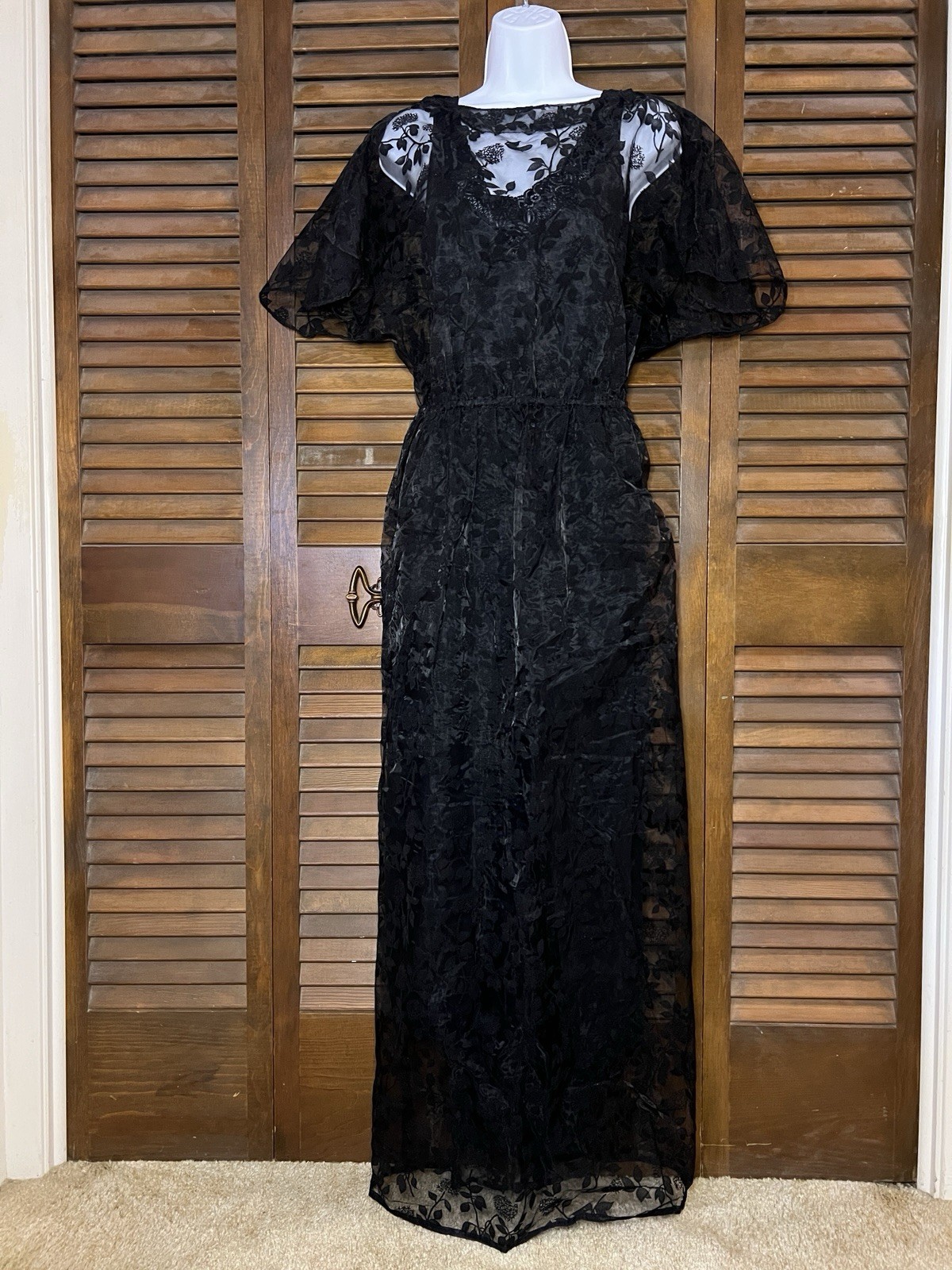 70’s Vintage Handmade Black Flocked Lace Sheer Cover-up Dress Fluted Sleeves