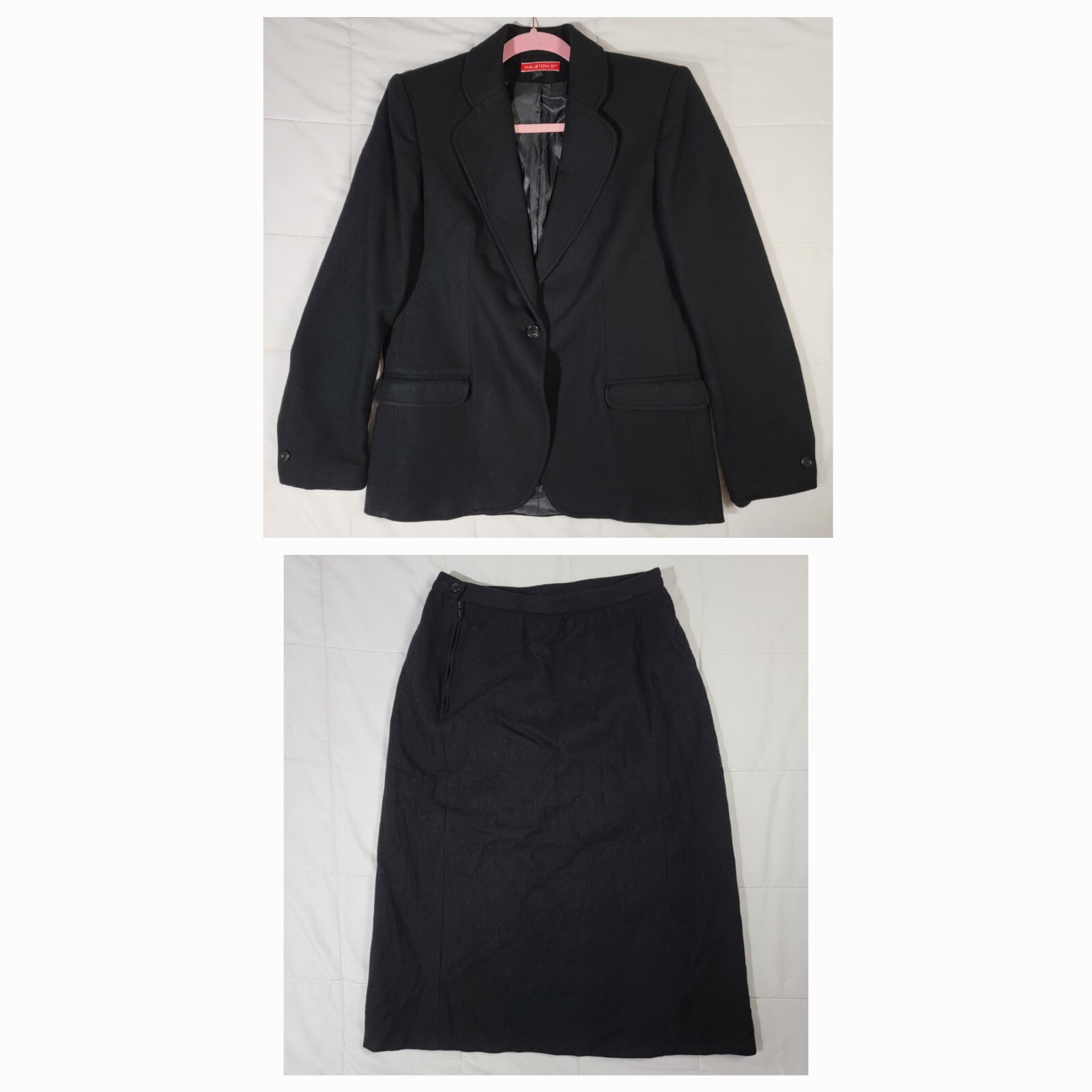 Vintage Halston III 2 Pc 100% Wool Suit Sz 10 Black Lined Blazer Jacket & Skirt