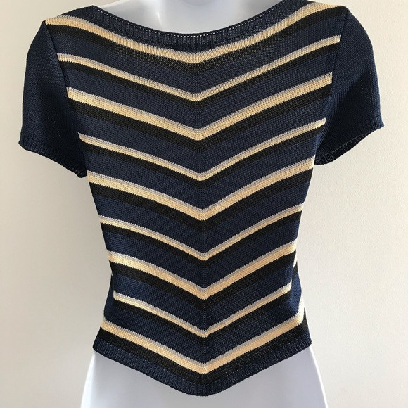 SISLEY Vintage Women’s Blue, Black & Cream V-Shaped Striped Knitted Blouse XS