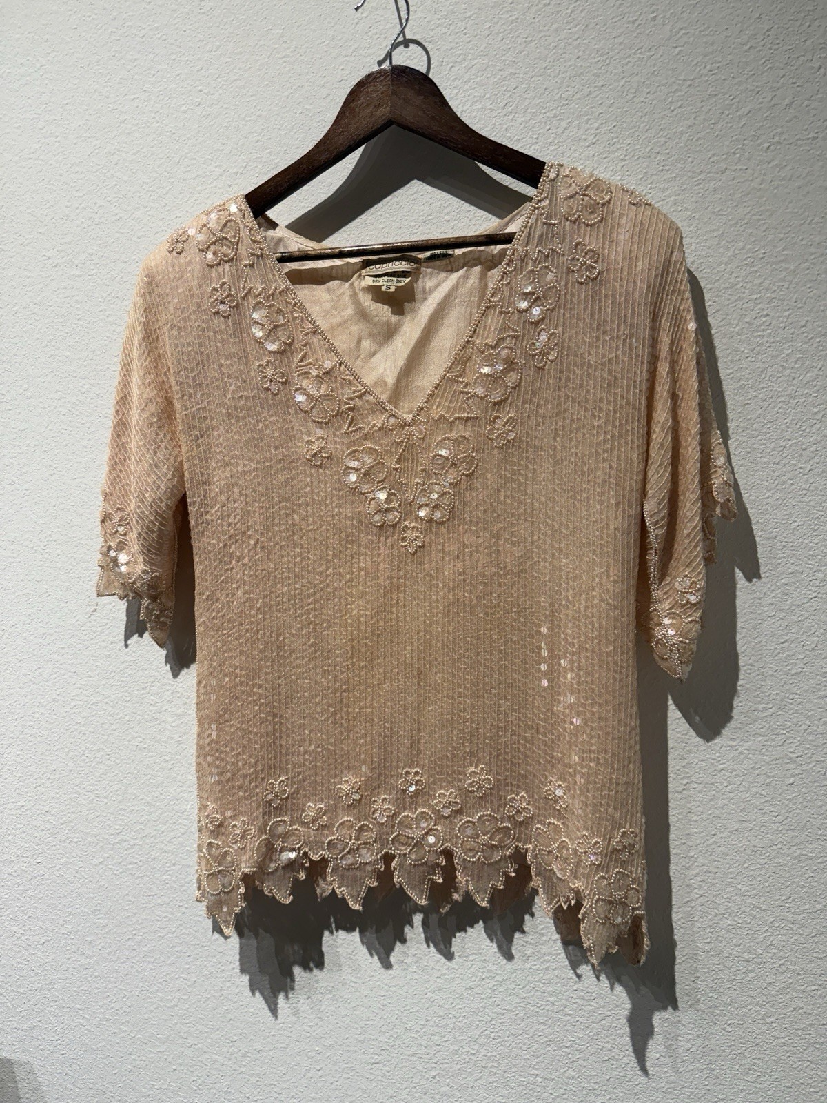 Vtg 80’s Capriccio Women’s Floral Sequin Silk Top Scalloped Art Deco