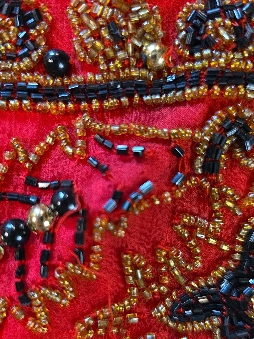 Vintage Red Beaded Black & Gold 100% Silk Jacket – Size XL
