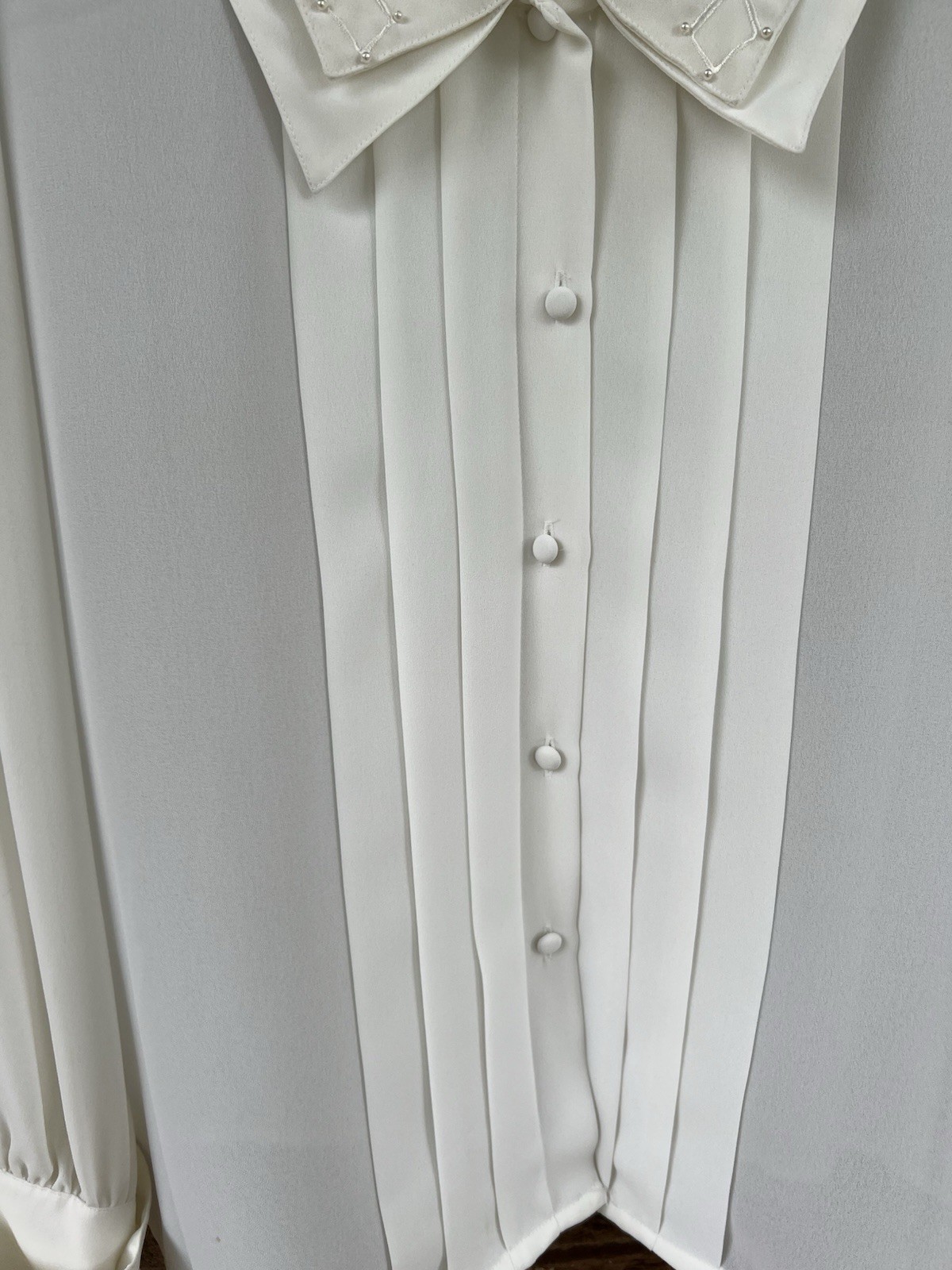 Vintage 80s White Secretary Blouse Embroidered Pintuck Pleated Victorian Sz 10