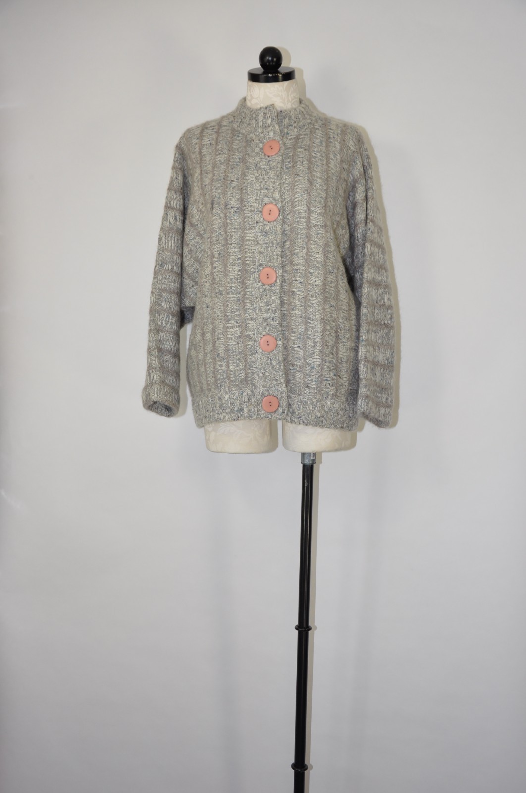 80s Vintage Gray Fuzzy Wool Mohair Buttoned Cardigan Sweater Jacket Women L XL