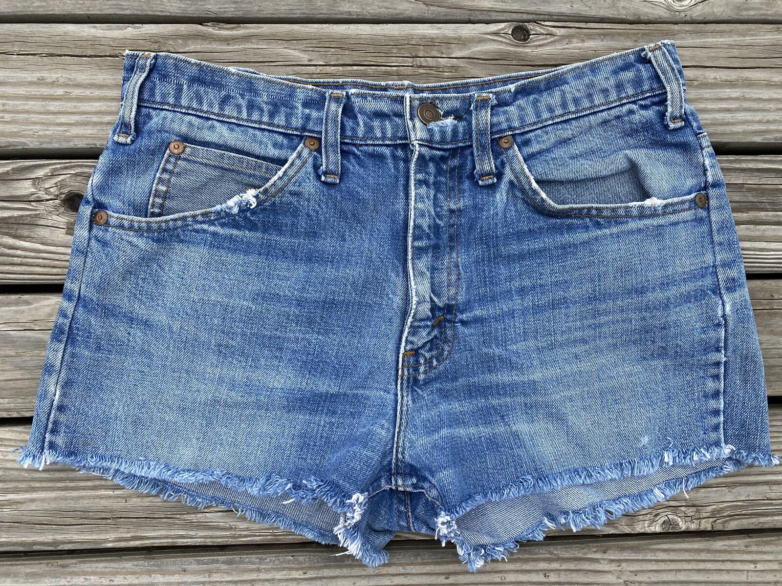 VTG 60s 70s Cut Off Denim Jean Shorts 30.5″ Gauchos Faded Blue Daisy Dukes