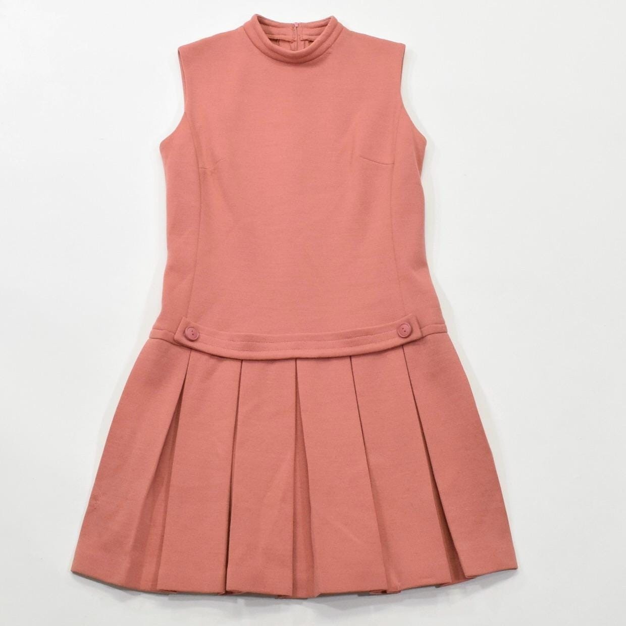Vintage 60s 70s Dress Pink Knit Sleeveless Drop-Waist Pleated Mini Preppy Mod
