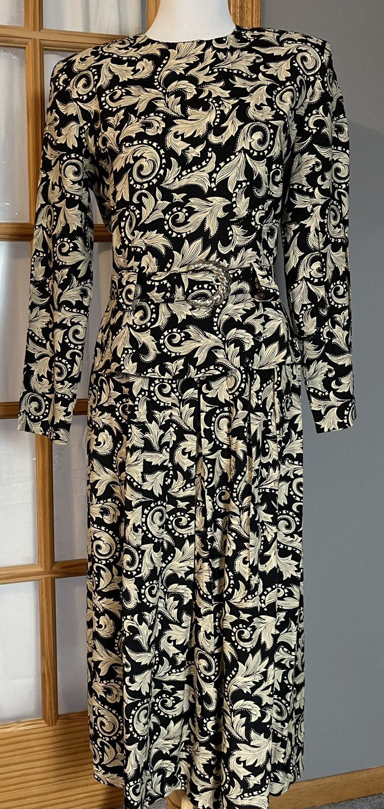 70s Paisley Belted Peplum Dress 6 Black Beige Paisley Cocktail Wedding USA Made