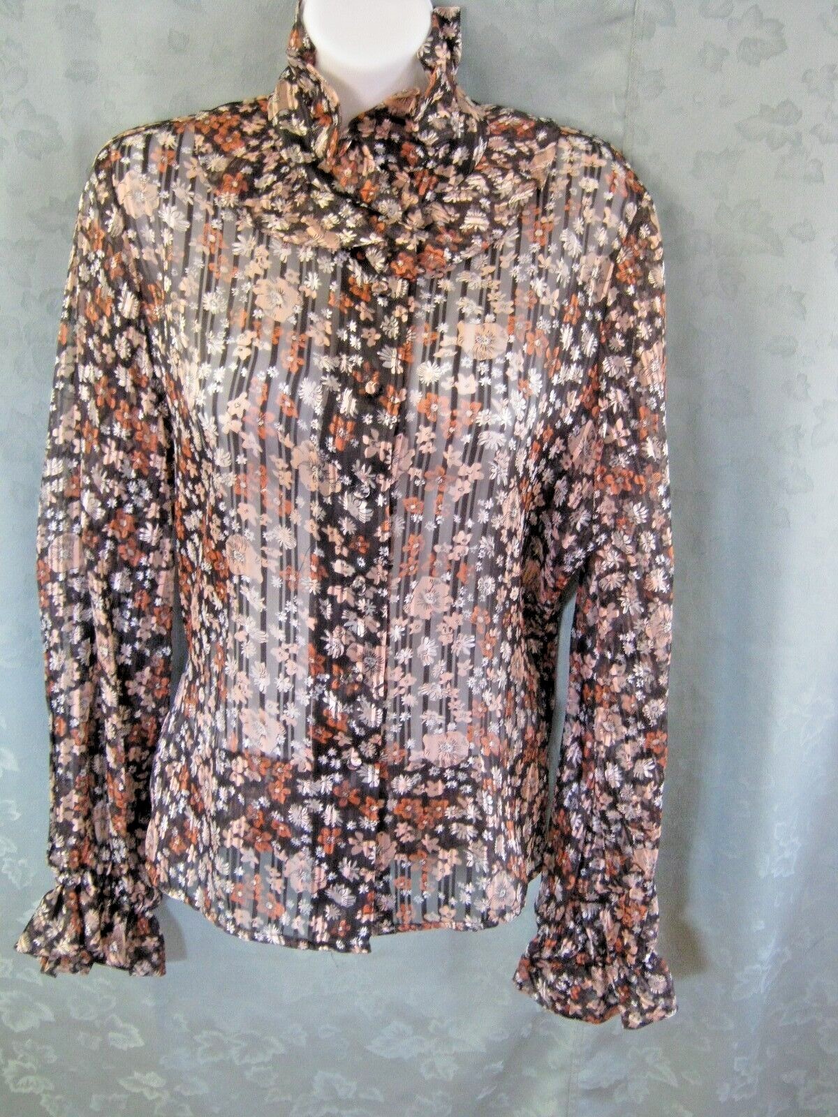 VTG Malbe Blouse Size 15 / 16 Floral Print Sheer Stripe Ruffled Collar Top