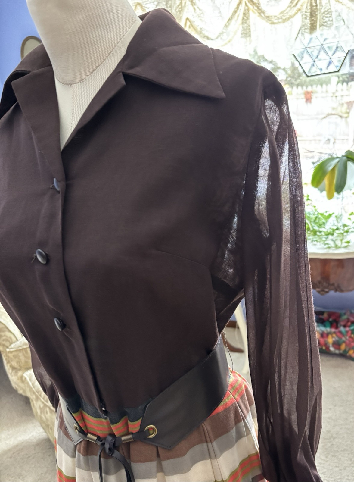 VTG 1970s Maxi Dress Retro Mod Stripe Belt Semi Sheer Brown Orange B34″ W28″ M