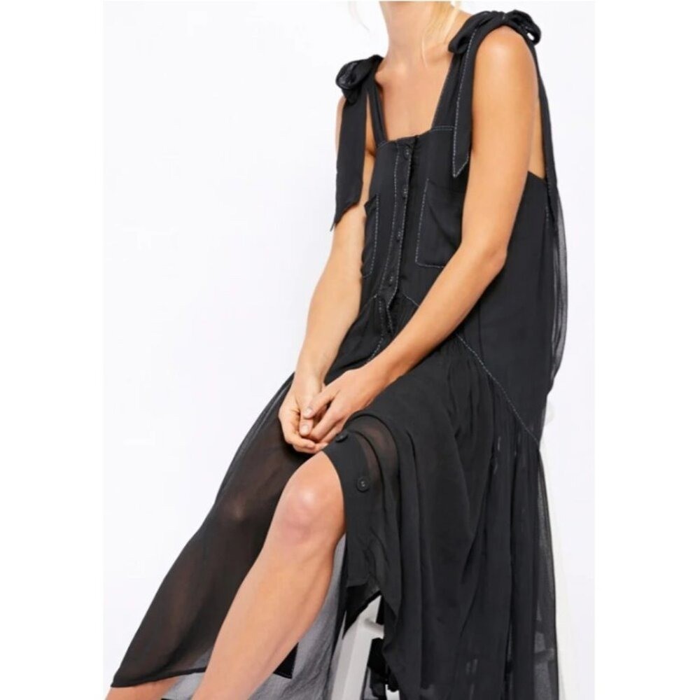 Free People Lou Lou Utility Midi Dress Women Tie Shoulder Sheer w Lining XS