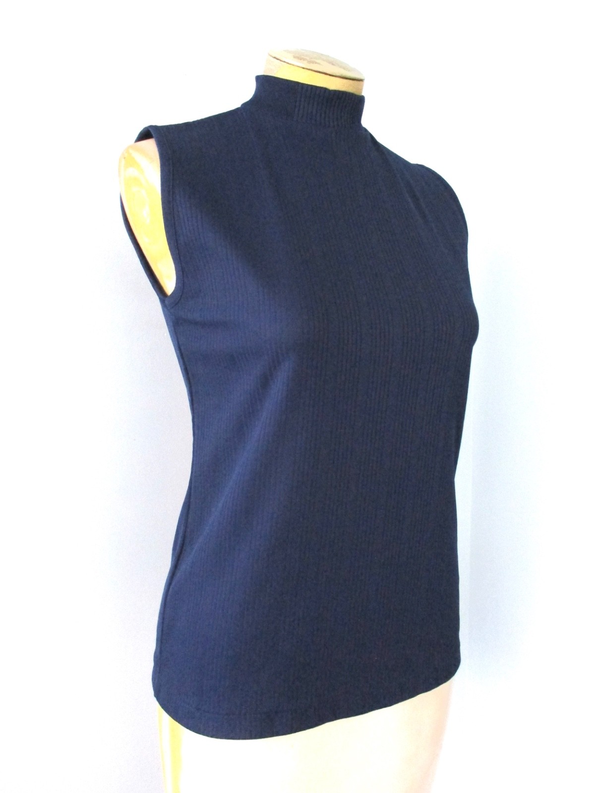 Vtg 60s 70s Mod Navy Blue Textured Knit Stripe Shell Blouse Top Back Neck Zip M