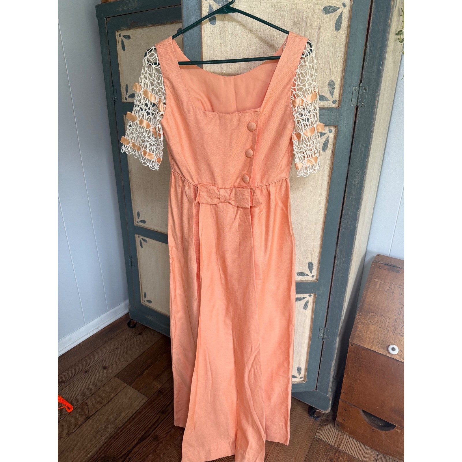 Vintage 60s Apricot Peach Empire Waist Maxi Dress Crochet Lace Ribbon Sleeve