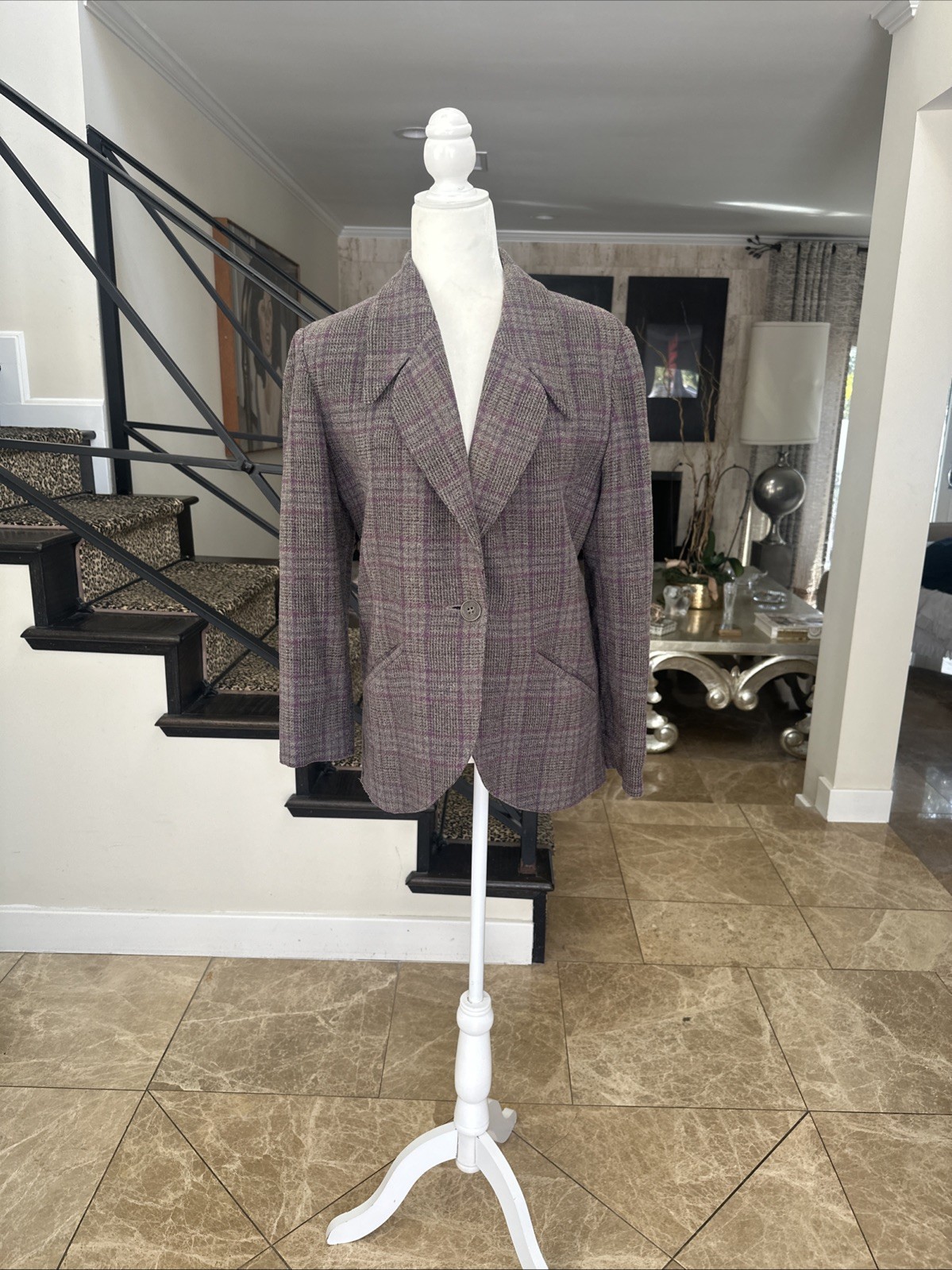 Fendi By Karl Lagerfeld Rare 80s Glen Plaid Tweed Cutaway Boyfriend Blazer 42