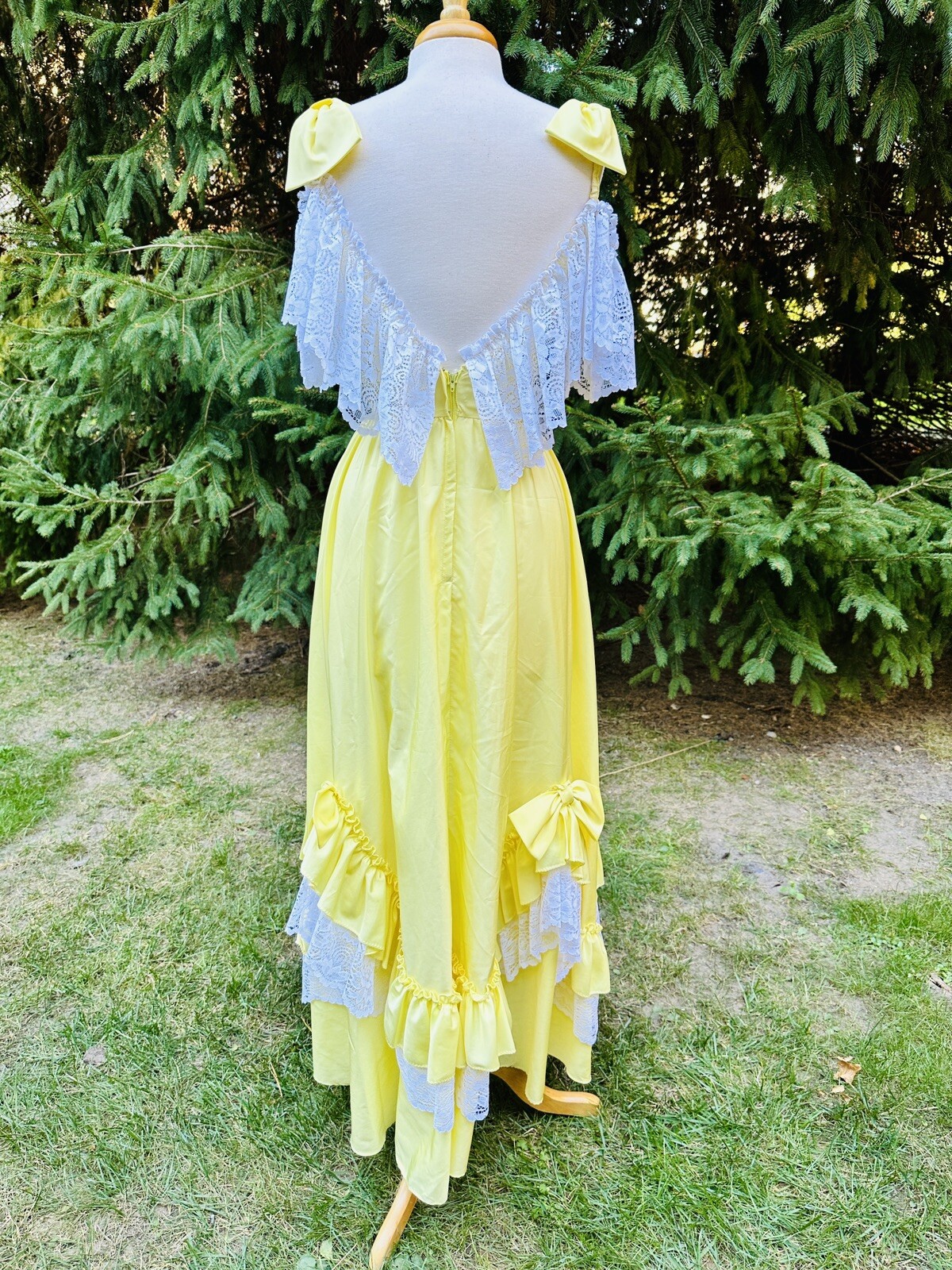 Vtg ILGWU Union Made Dress Yellow Lace Maxi Ruffle/Layered/Bow Cap Sleeve Size S