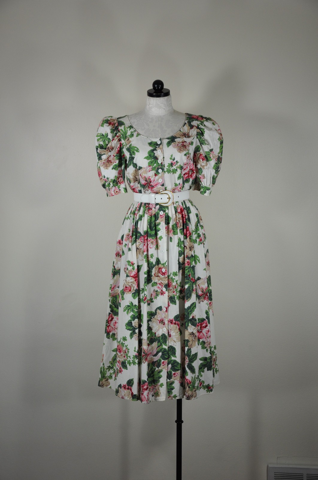 80s Vintage Pink Green Hibiscus Floral Puff Sleeve Romantic Midi Dress Women M L