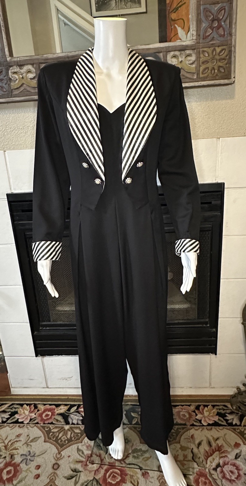 Vintage Black Striped Shawl Collar Wide Leg Palazzo Tie Back Tuxedo Jumpsuit