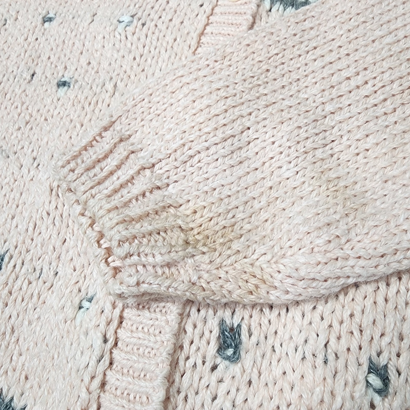 Vintage Knitted by Hand Sweater Size L Pale Pink Gray White Fair Isle Cardigan