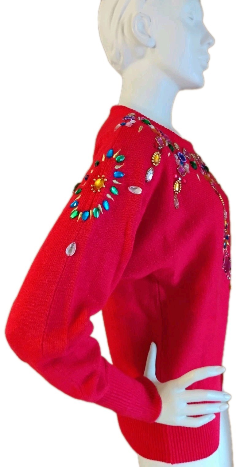 VTG 80’s „Maurada” Candy Apple RED Bejeweled & Beaded Sweater S