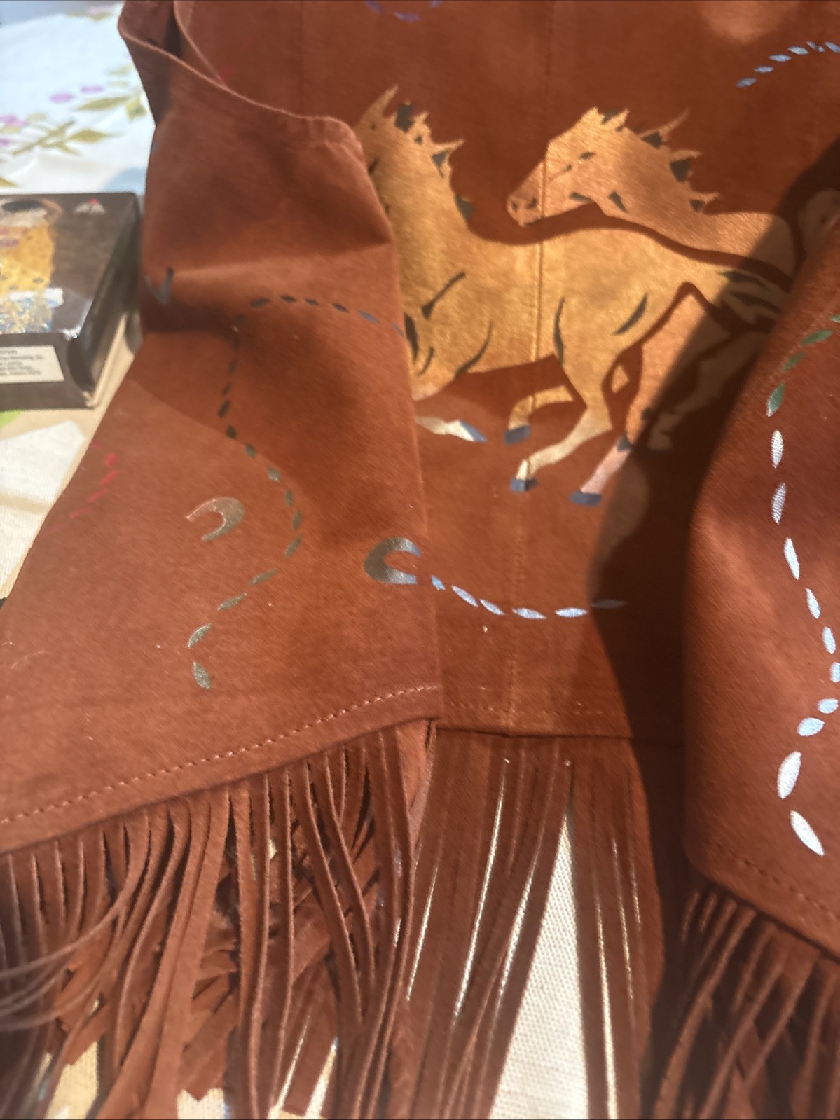 Char Leather Fringe Hand Painted Vest Size XS Santa Fe