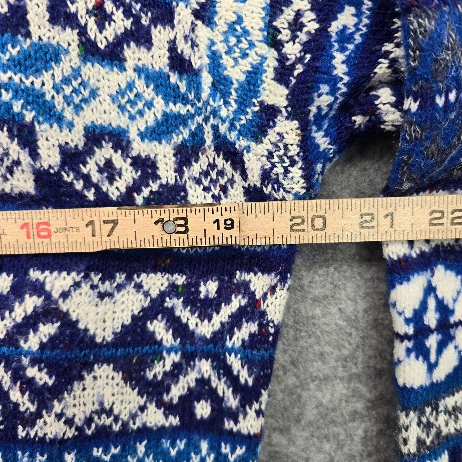 Vintage Beldoch Popper Blue Fair Isle Snowflake Wool Blend Cardigan Sweater L